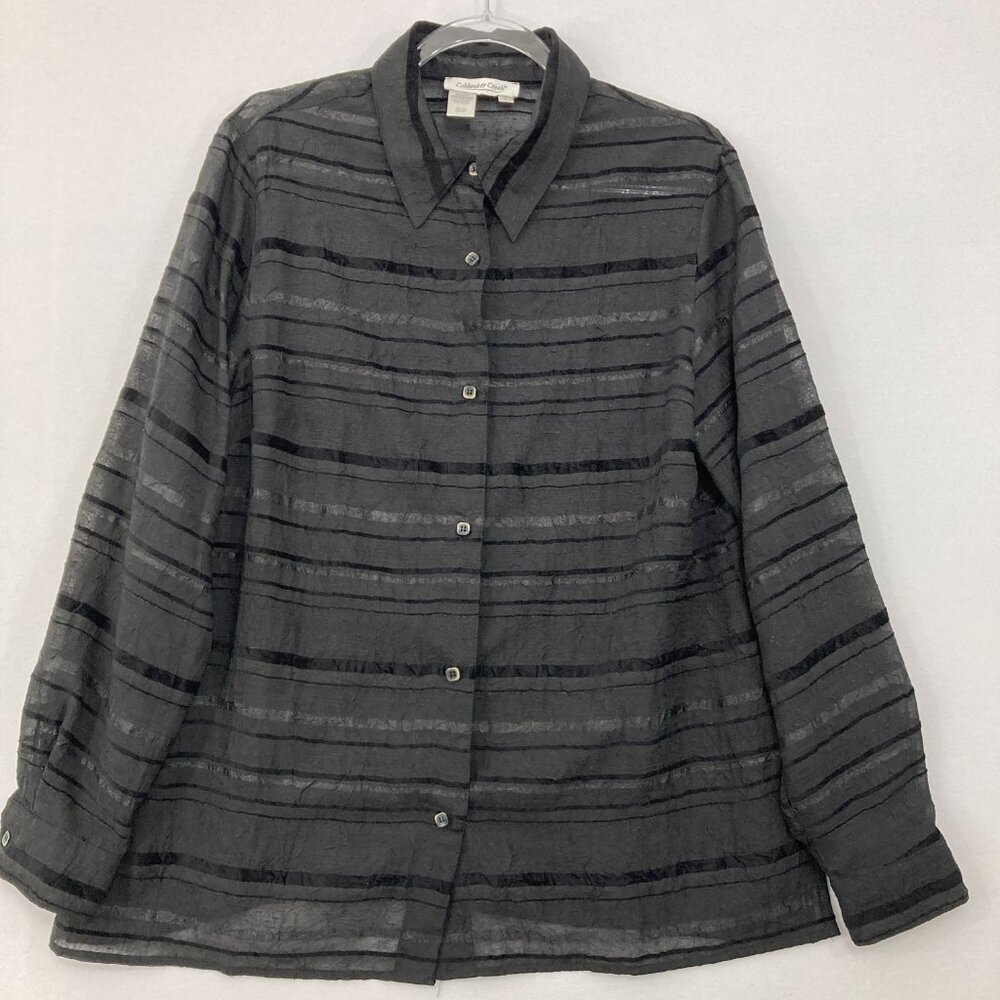Vintage Coldwater Creek Large Black Striped Sheer Relaxed Button Down Office